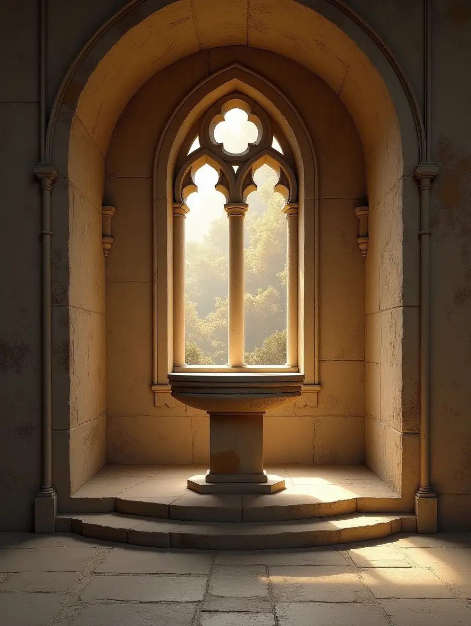 A stunning photorealistic representation of an oil painting inspired by Joaquín Sorolla. A stone altar is seen FRONT. BEHIND A Gothic window of a stone-walled castle, illuminated by a soft golden tone.