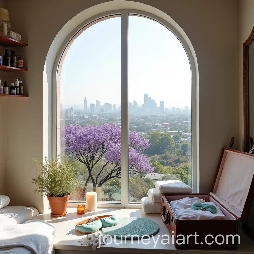 Cityscape-Serenity-Spa-Room-with-Jacaranda-Trees-and-MintColored-Accents