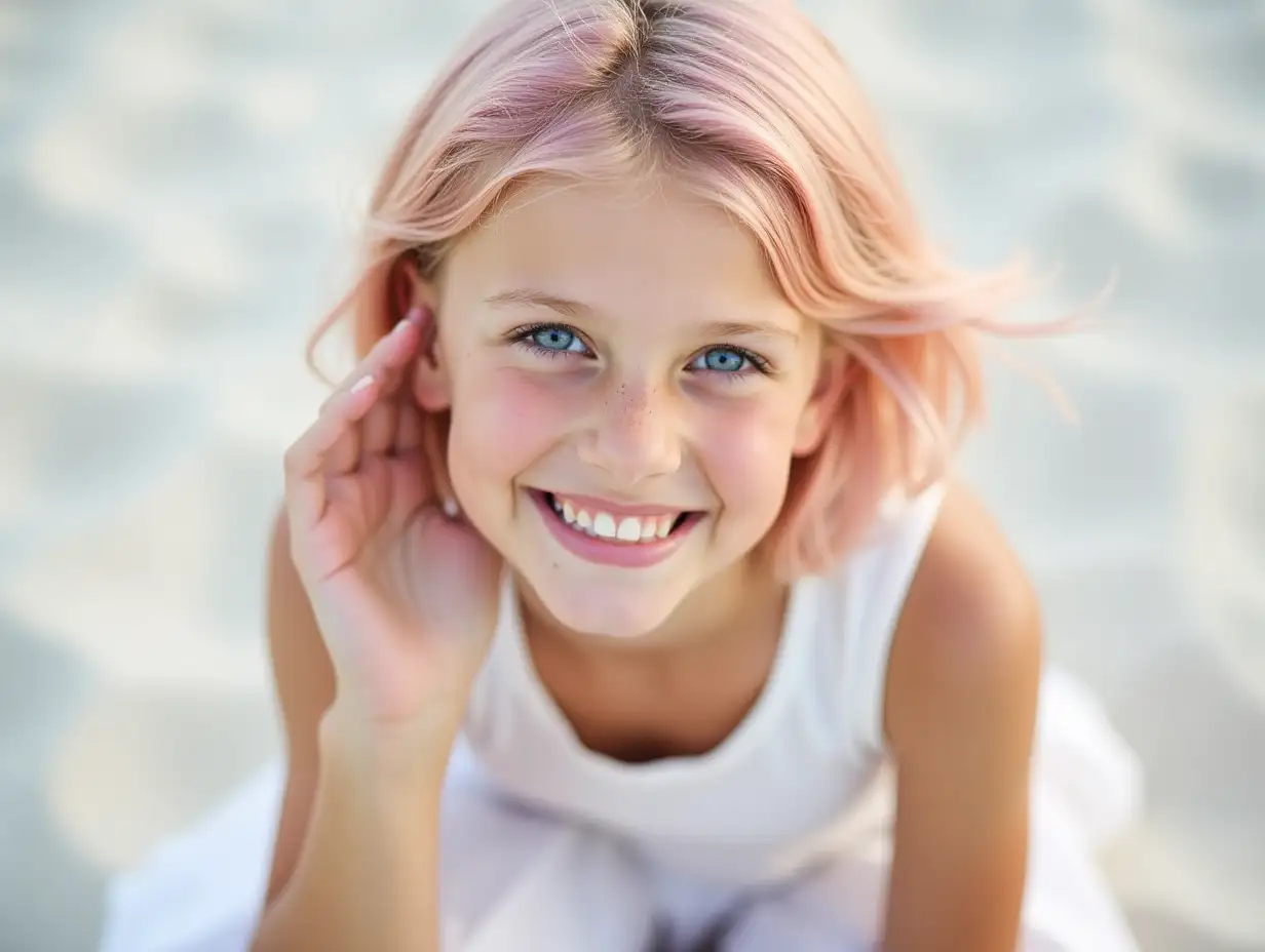 a close-up portrait of a beautiful white 12-years-old girl with medium short light pink hair and blue eyes. She cute smiles, her white teeth are visible. She is straightening her hair near her ear. She is sitting on the white sand. She is wearing a white skirt