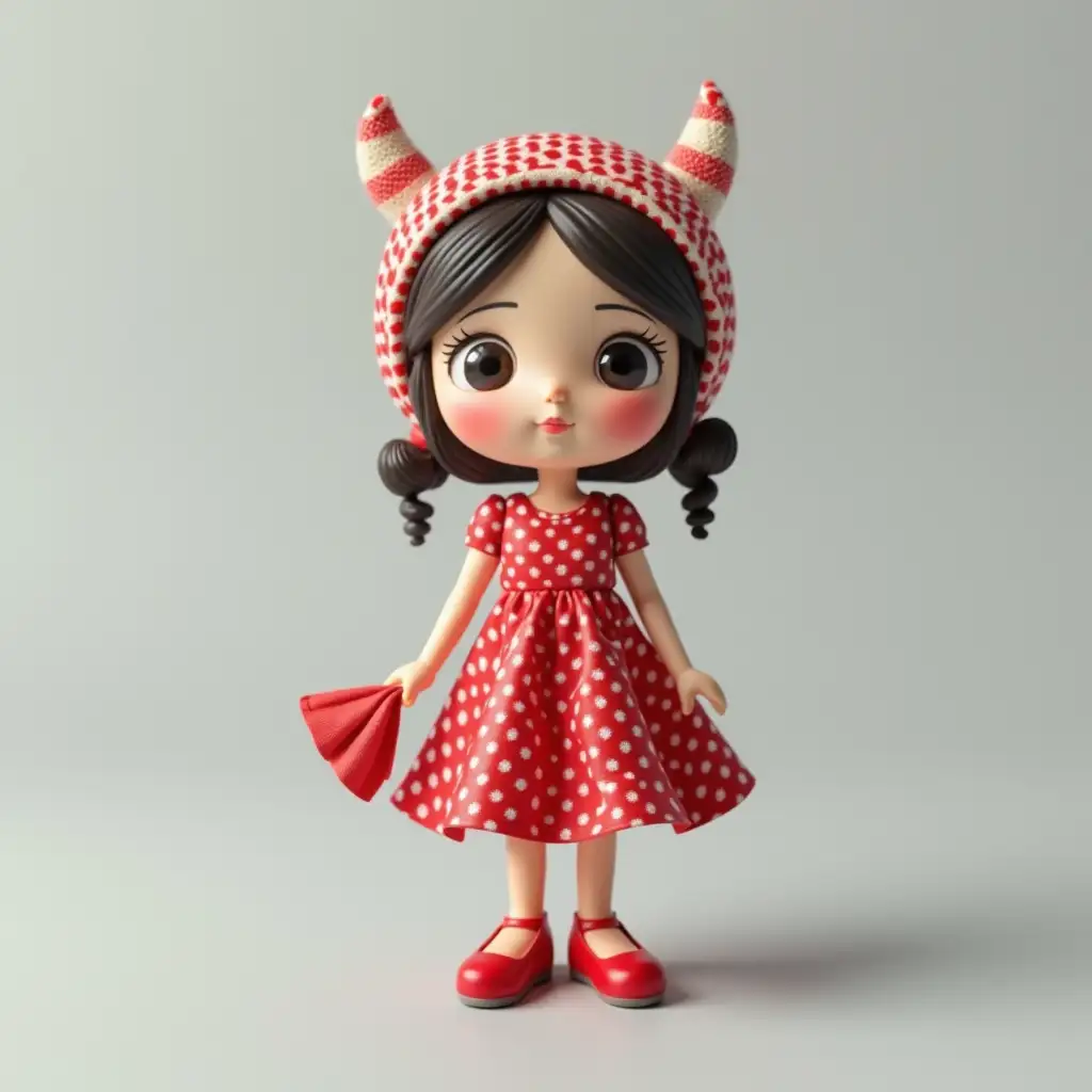 On a light gray background, only the head of a beautiful girl in a kokoshnik is depicted. She wears a red polka dot dress and holds a colored handkerchief in her hand. The doll is made in 3D style, in the 'devil' style.