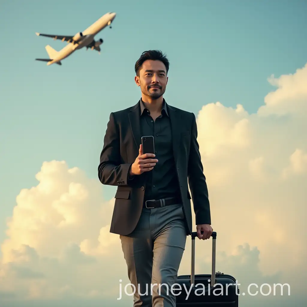 Confident-Businessman-with-Power-Bank-and-Suitcase-Walking-Under-Vibrant-Sky