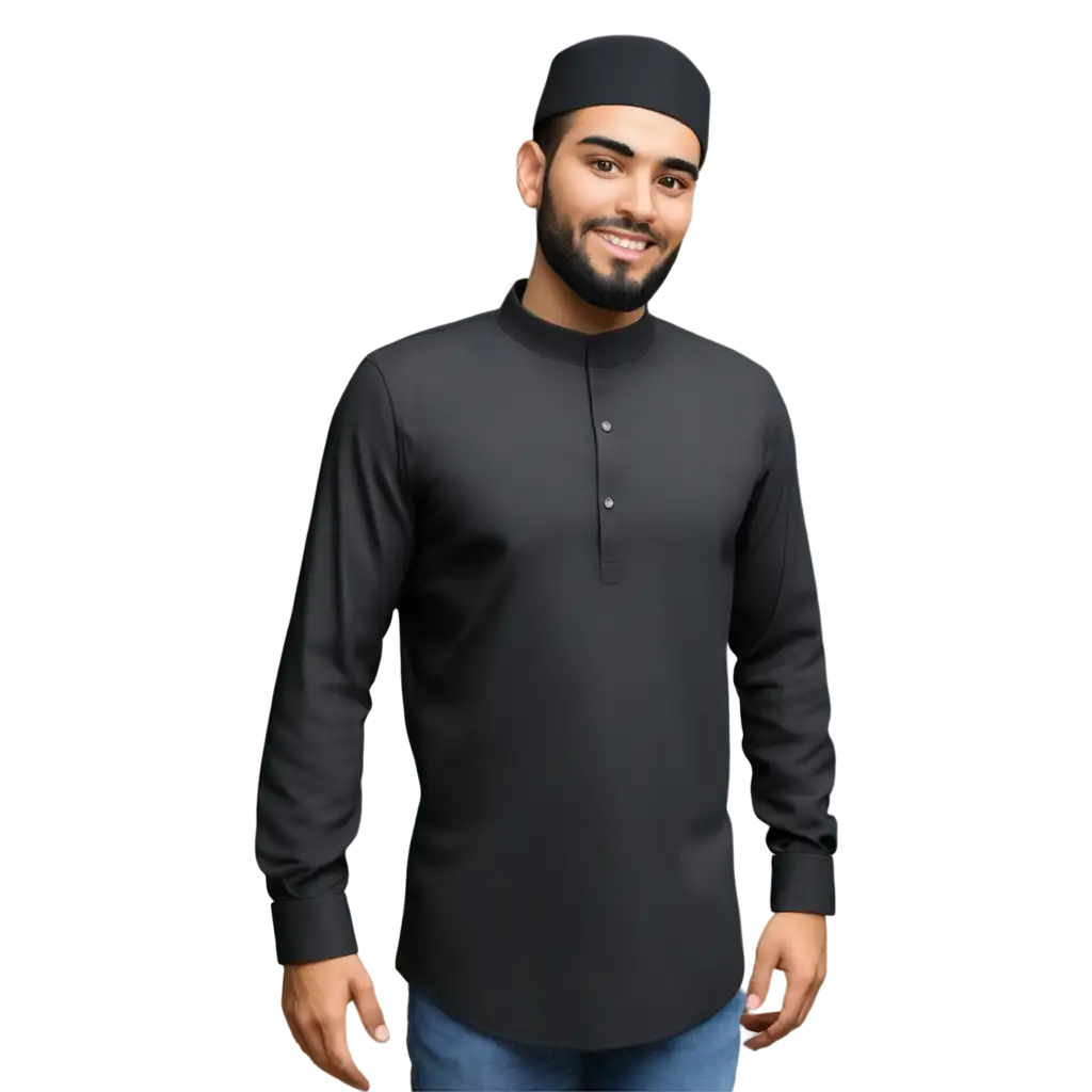 Realistic-3D-Muslim-Man-in-Black-Songkok-and-Long-Sleeved-Shirt-PNG-Image