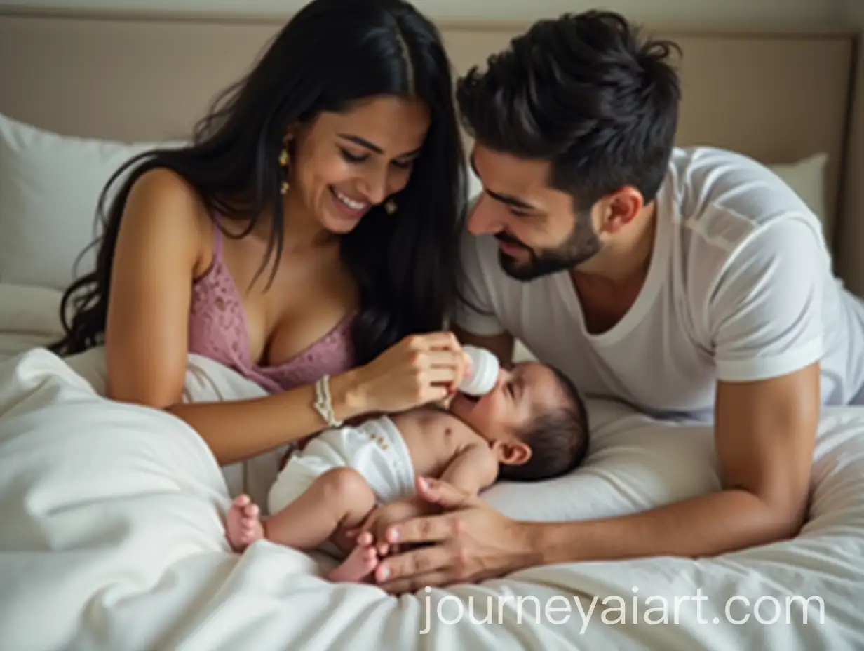 Young-Iranian-Couple-with-Infant-on-Bed-BottleFeeding