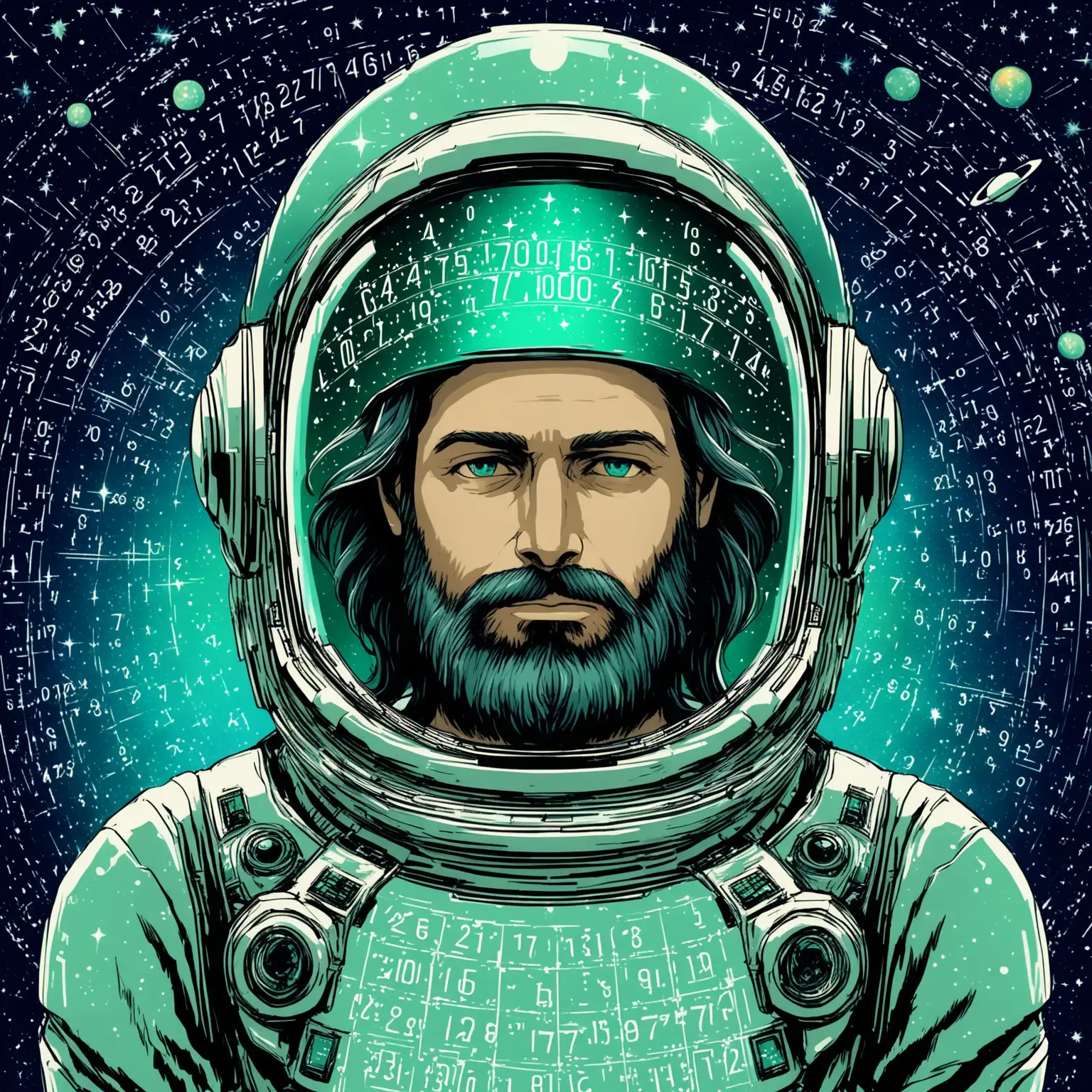 Illustration of a middle-age man with beard inside a space helmet, showing his serene expression. He has dark hair, and the visor of her helmet is clear, showing his confident expression. Around him, ciphers and cryptographic numbers in blue-green color, creating a contrast between the soft, delicate blooms and the hard, futuristic space helmet. The helmet is covered with cryptographic inscriptions and green numbers. On the top of the helmet there is an inscription «Arithman» in green-blue color. The background is a cosmic, starry scene, blending elements of cryptographic numbers and space