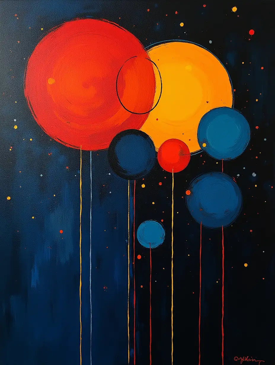a picture dark, in the style of Kandinsky and Malevich, minimalism, simplify for a beginner artist acrylic, very colorful