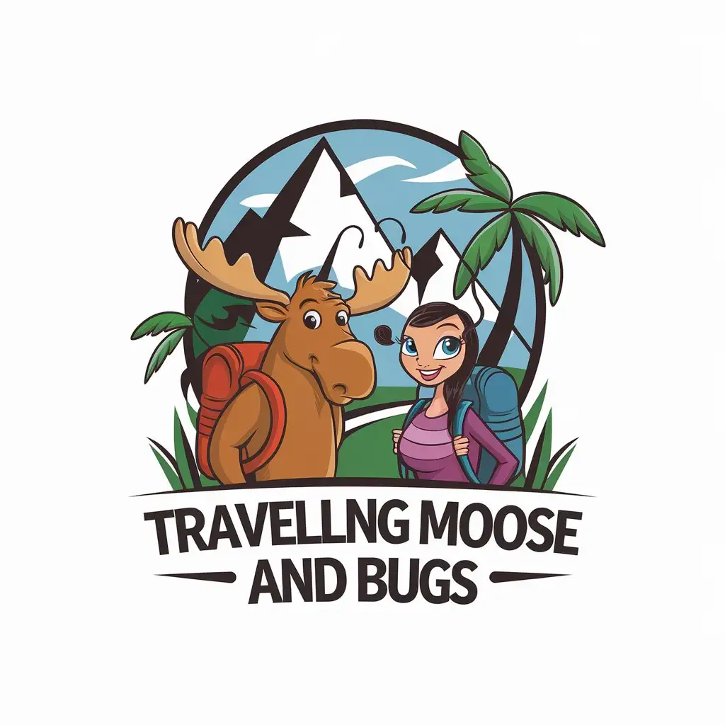 LOGO Design for Travelling Moose and Bugs Moose and Female Bug with Backpacks in Front of Exotic Mountains