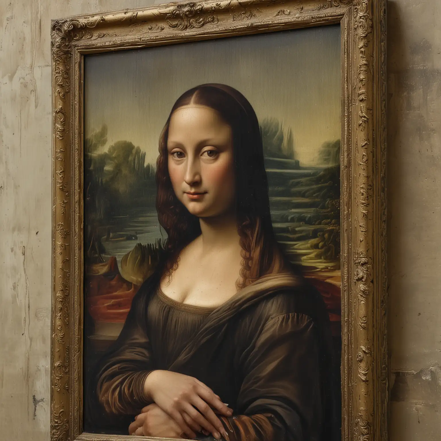 view strictly from the front: Painting Mona Lisa. It is clearly visible that the painting is painted with oil paints, paint streaks are visible, multi-layered paint. Very old canvas.