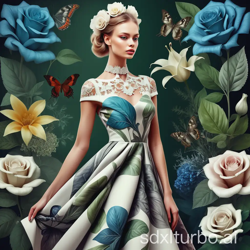 Digital collage of a beautiful Russian model in an elegant dress in the style of realism combined with surreal ele-ments [botanical illustrations].