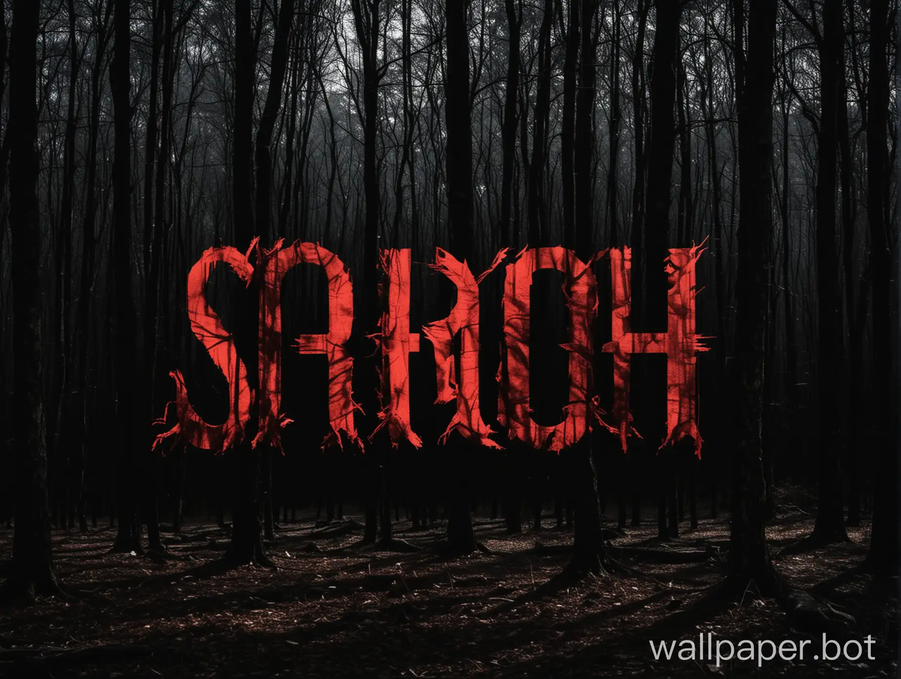 black background with and red font, Scratch Face shadow looking in to the woods