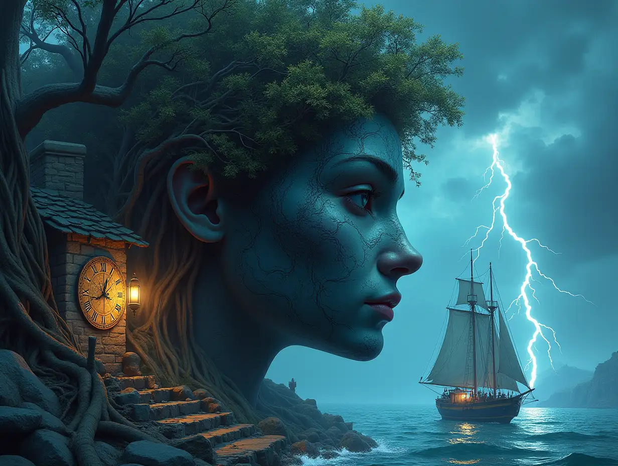 Creating a Digital painting face with rope hair transforms into building with stone and lighting trees with roots and rocks and lantern by the sea,with big hand clock sailboat with lanterns and a very large Kraken very large waves and lightning strange creatures