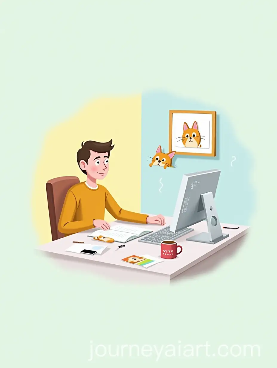 Focused-Individual-at-Desk-with-Playful-Cat-and-Distractions