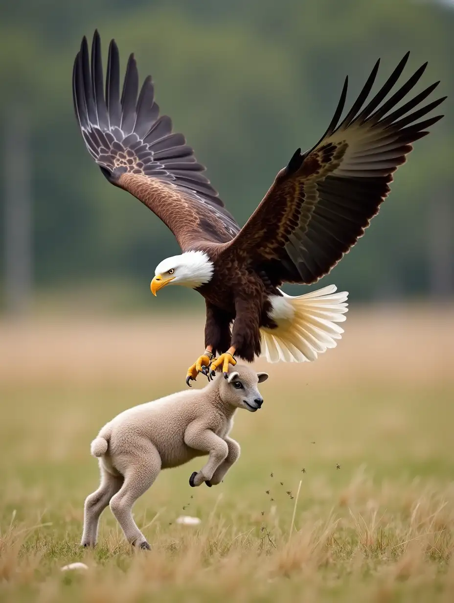 A photo of a bald eagle in flight, with its talons outstretched as it snatches a baby sheep off the ground. The sheep is being lifted off the ground by