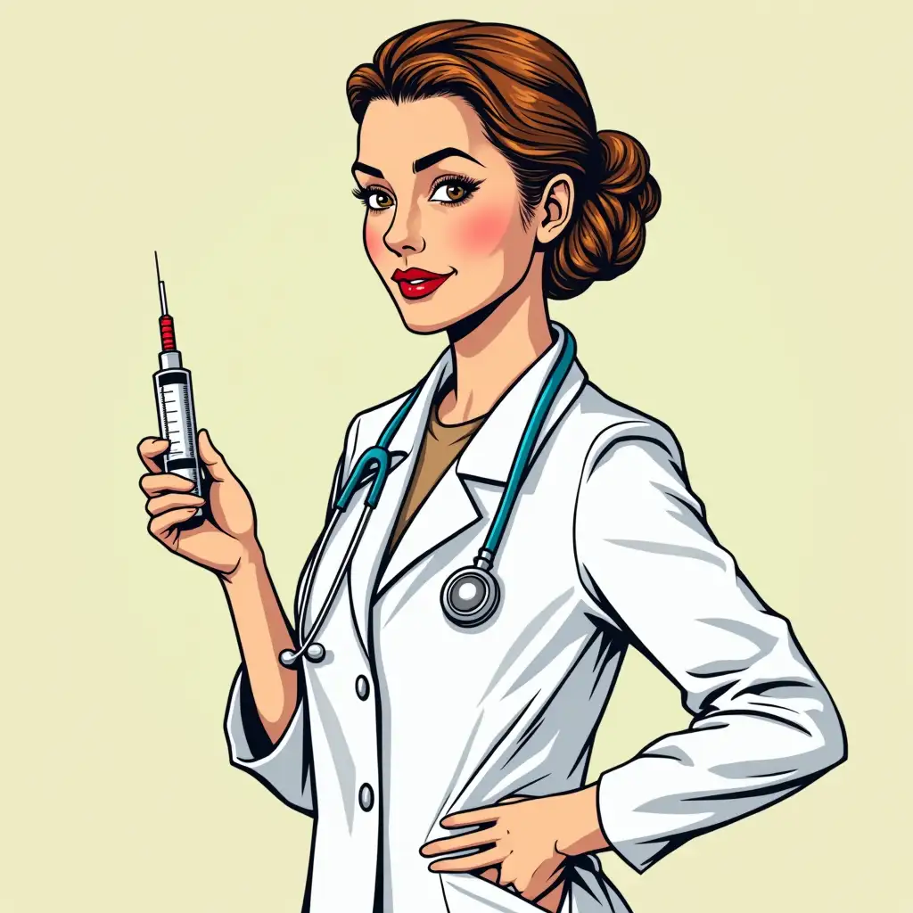 a woman pediatrician stands with a syringe in her hand in pop art style