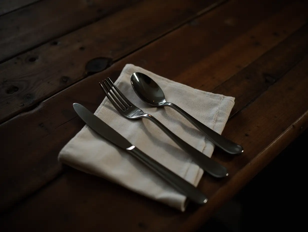 Rustic-Wooden-Dining-Table-with-Vintage-Cutlery