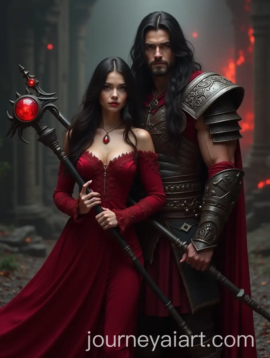 Young-Barbarian-Warrior-and-Sinister-Woman-in-a-Dark-Castle