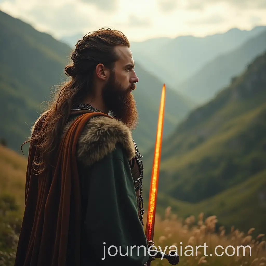 Bearded-Viking-Goddess-of-Wealth-Holding-Glowing-Sword-Overlooking-a-Valley