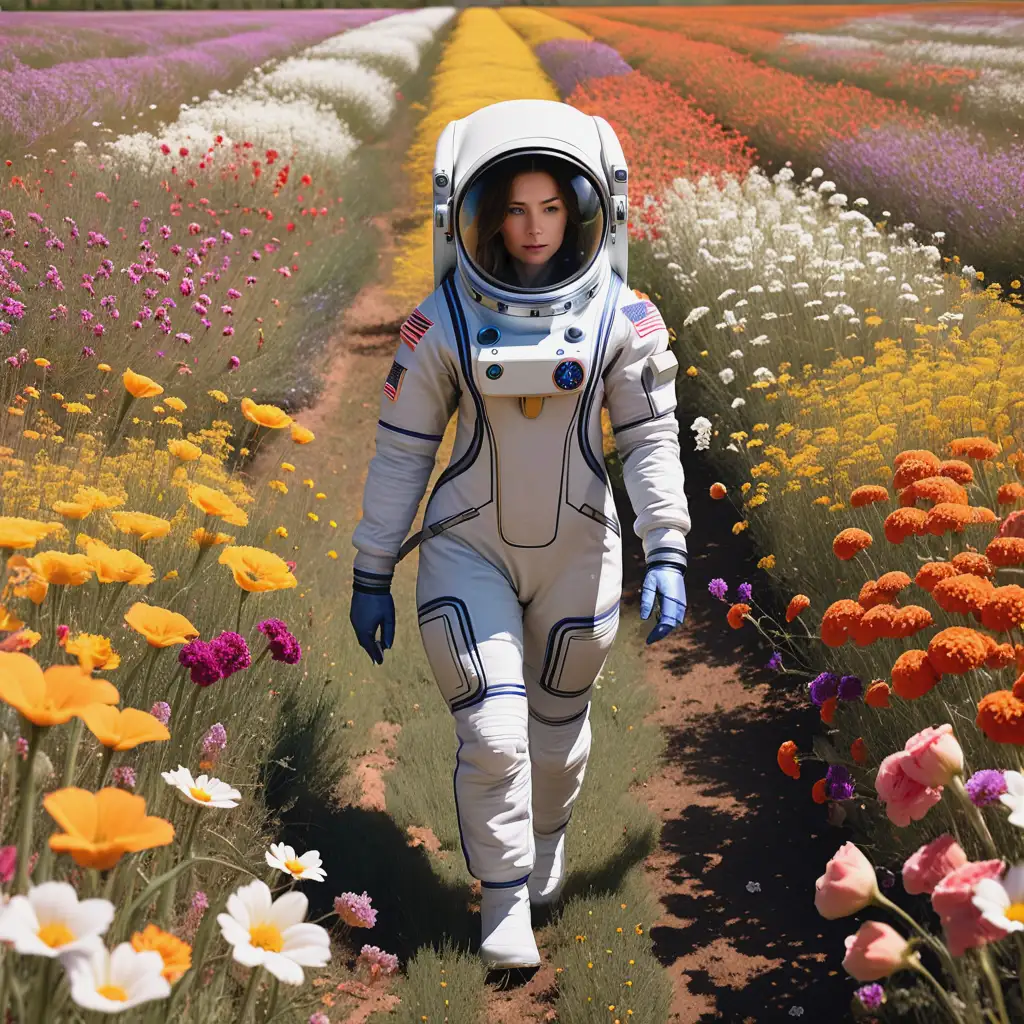 Astronaut Exploring Floral Field in Space Suit