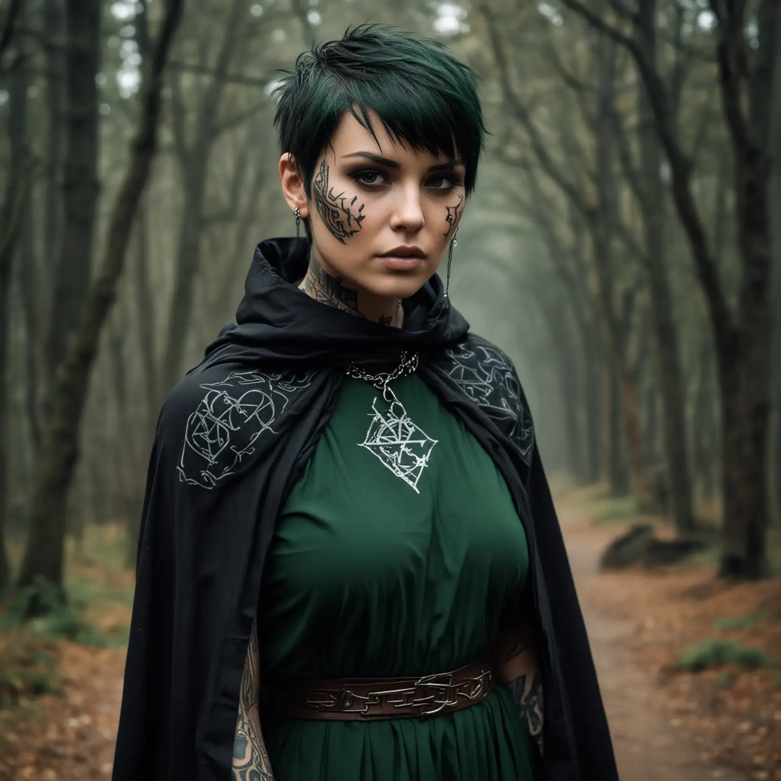 Beautiful Druidic Woman in Dark Green Dress and Black Cloak with Runic Face Tattoos