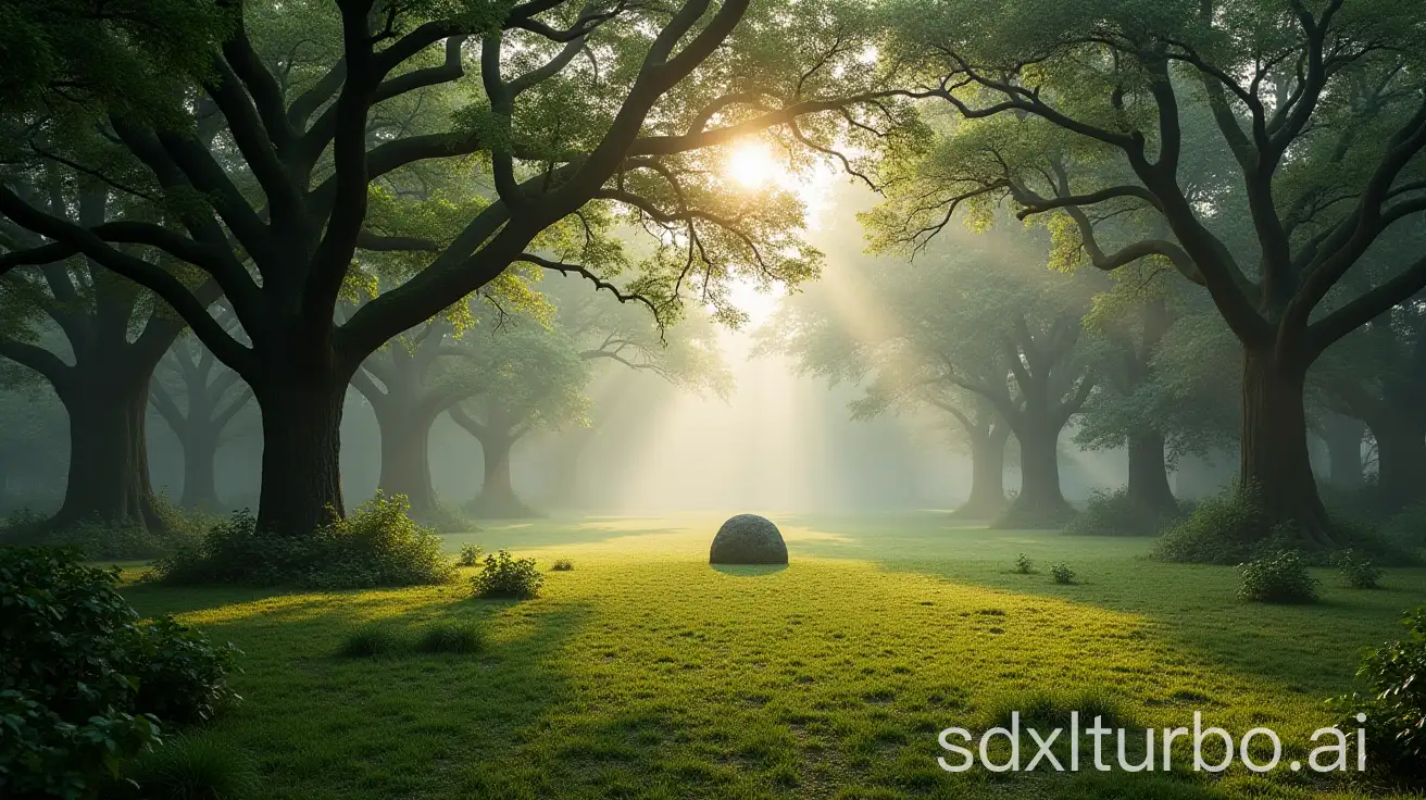 Wide clearing in an oak forest in the early morning with green summer oaks, round stone cult site, morning mist and small bushes