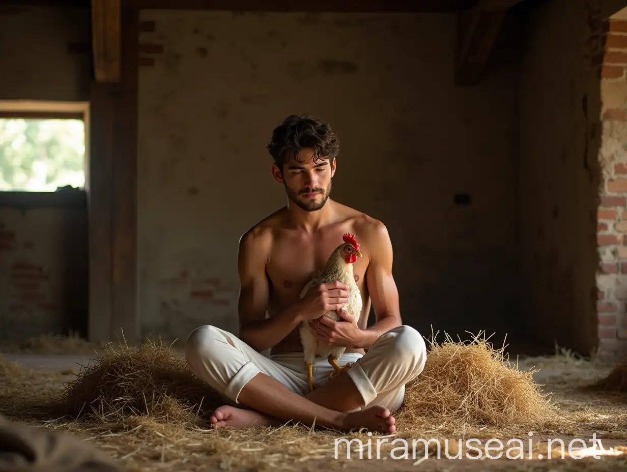 Serene Young Man with Chicken in 18thCentury Barn