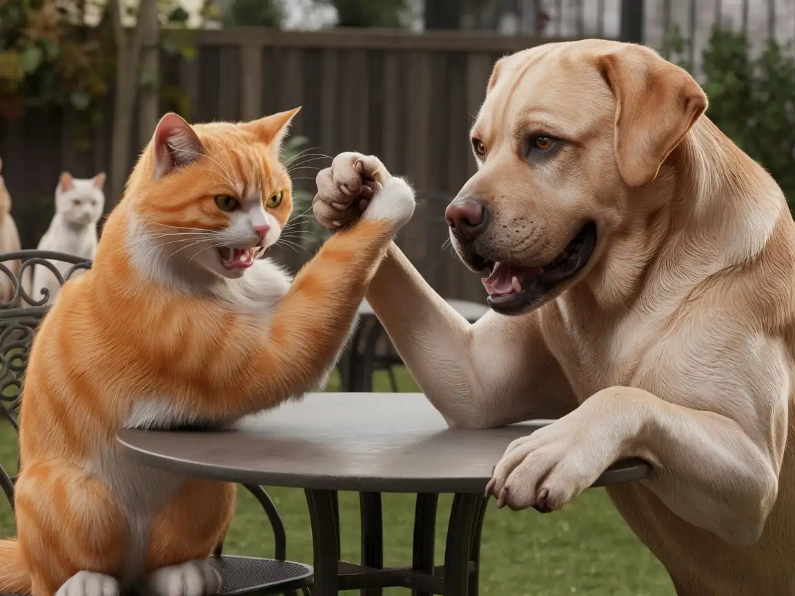 Arm wrestling challenge, oranga cat angry expressive on the left, labrador retriever dog angry expressive on the right, cat grabs dog's right hand, dog grabs cat's right hand, arm wrestling on table, full body, sitting on chair, full-body shot, multiple cats, at the garden, photorealistic, cinematic, highly-detailed