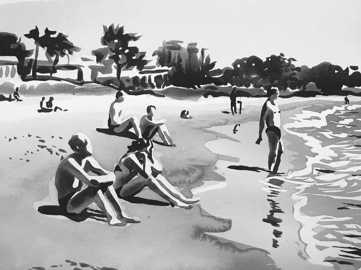 black and white watercolor painting  people enjoying the beach