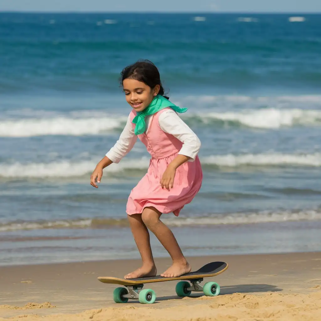 a little girl skating on the beach