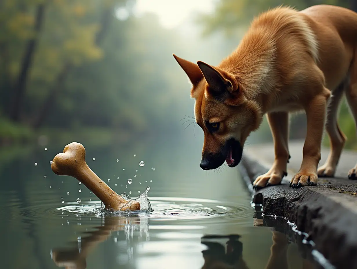 Focused on the dog on the bridge, he stares intently at his reflection, growling softly with envy. He opens his mouth to bark, trying to scare the 'other dog,' and his bone falls into the river with a loud splash. The water ripples, and the bone sinks to the bottom, leaving the dog stunned and helpless