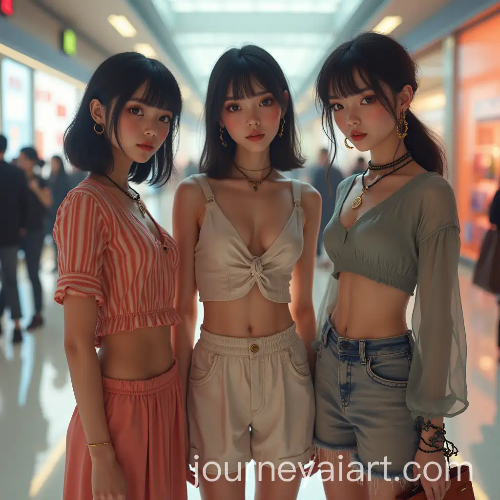Three-Asian-Girls-in-Futuristic-Clothing-at-a-Shopping-Center