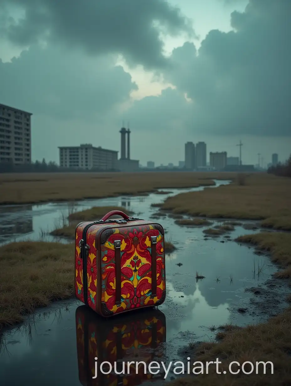 Cheerful-Russian-Patterned-Suitcase-in-Industrial-Landscape-under-Dark-Clouds