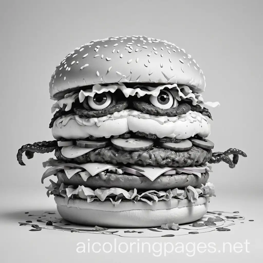 hamburger monster, Coloring Page, black and white, line art, white background, Simplicity, Ample White Space