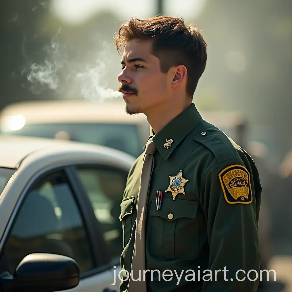 Young-Male-SheriffDeputy-SmokingAI-Image-Prompt-Expansion-by-Vehicle-in-Sunshine