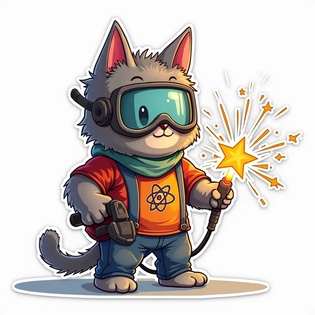 kawaii positive little gray shaggy cat wearing a welding mask in worker clothes with of an atom symbol on t-shirt. He holds the welding machine and directs the welding electrode at the star on the Christmas tree, and sparklers fly out of it. vibrant and dynamic die cut sticker design top-view, high resolution, vector art,  white background, paint in anime style