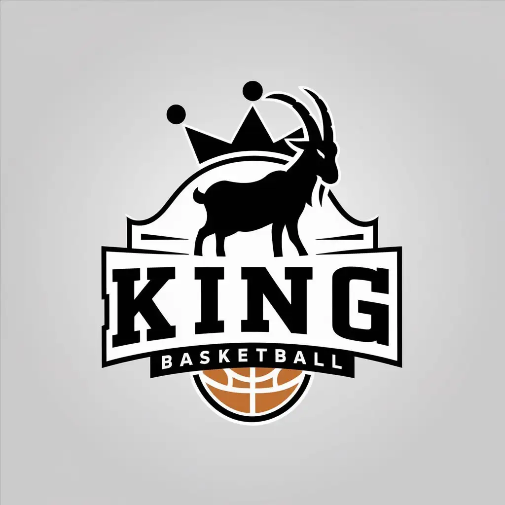 a vector logo design,with the text "King", main symbol:'Basketball', sports, crown, mountain goat with black skin,Minimalistic,be used in Sports Fitness industry,clear background