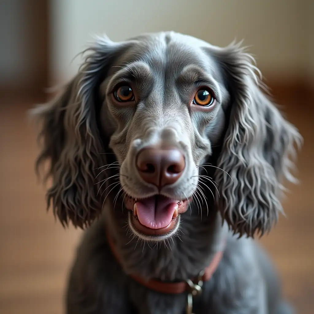 grey liver spot cocker spaniel with a long thin nose with big eyes and open mouth