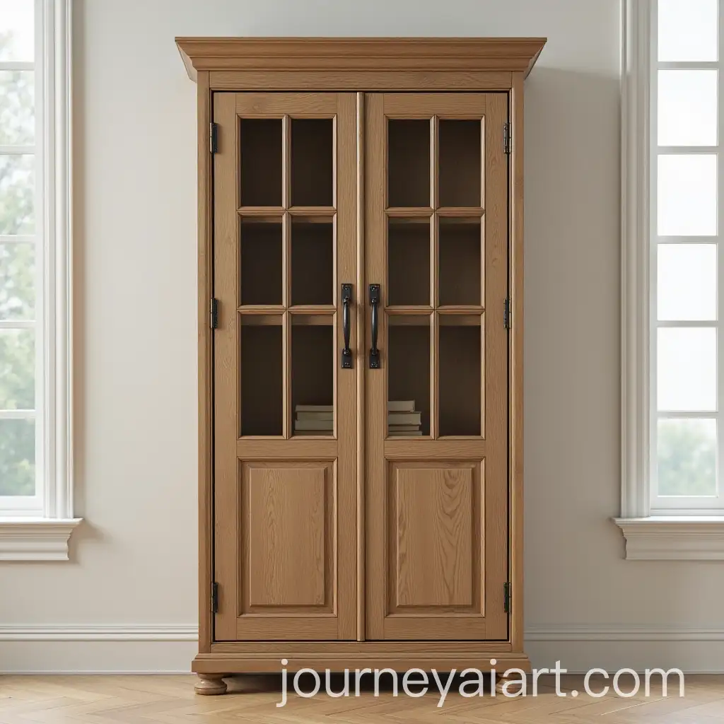 Elegant-Rustic-Bookcase-with-Glass-Paneled-Doors-and-Natural-Wood-Frame
