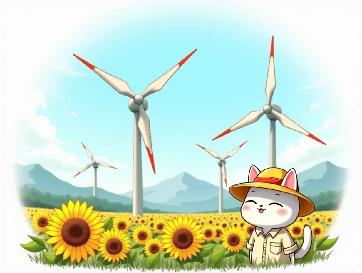 cut out sticker whith huge three-bladed electric wind turbines on white cone supports, three long white blades with red risks at a distance of 1/3 of the blade length. Wind turbines stand in a sunflower field, with mountains in a blue haze in the background. A small white cat in a linen shirt and a yellow straw hat peeks out of the sunflowers. The image is stylized as a laminated sticker on a self-adhesive sticker on a white background, a vector image in the style of anime.