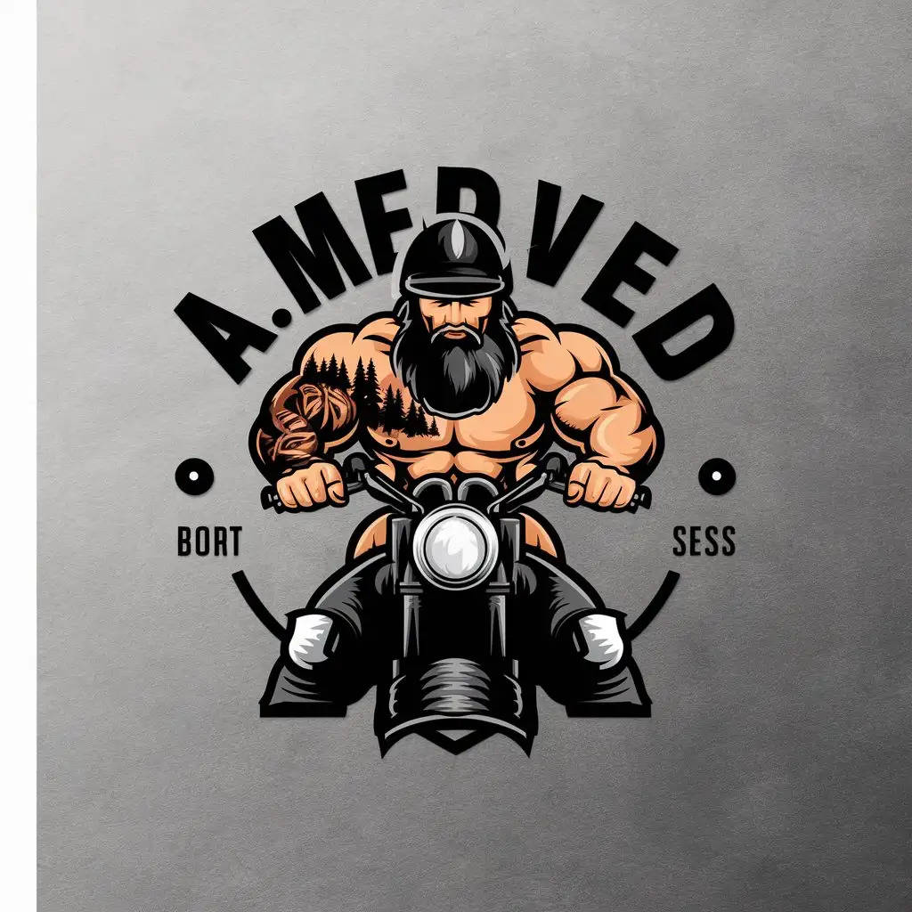 a logo design,with the text "A.Medved", main symbol:a bearded bodybuilder, with a large back, in a German helmet, with a forest tattoo on his left forearm on a biker motorcycle,Moderate,be used in Sports Fitness industry,clear background