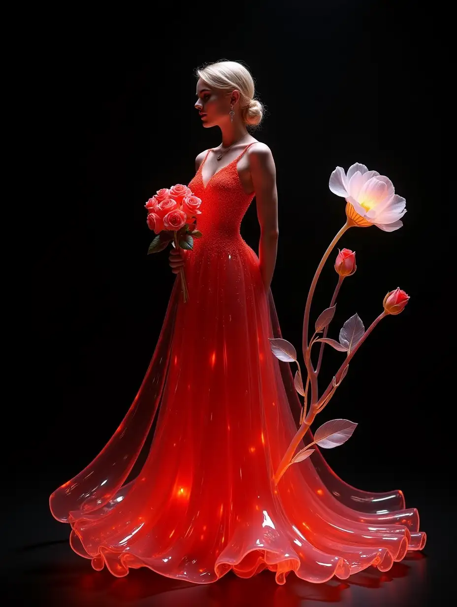 3d transparent red Glass Art | Elegant woman in a dress holding roses | Black background with high contrast | Full-body shot, centered | Ultra-detailed, intricate design | Surreal aesthetic; Glowing white flowers on the right side; Beautiful woman standing straight with hands behind her back; Crystal clear details; Stunning, dramatic lighting