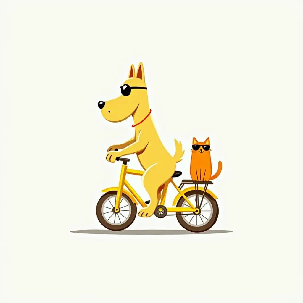 image illustration of the cartoon dog, is riding a bright yellow bicycle. He's wearing sunglasses and is positioned in the midst of pedaling or coasting.  A small, orange cat, also wearing sunglasses, is perched atop the bicycle's back fender/seat area, appearing to be a passenger. The bicycle is rendered with simple, bold outlines and solid colors. The bike's wheels, handlebars, and other details are clearly defined.  The background is a plain, light gray color, providing contrast to the vivid yellow and white of the characters and bicycle.  The style suggests a cartoon or comic strip illustration.