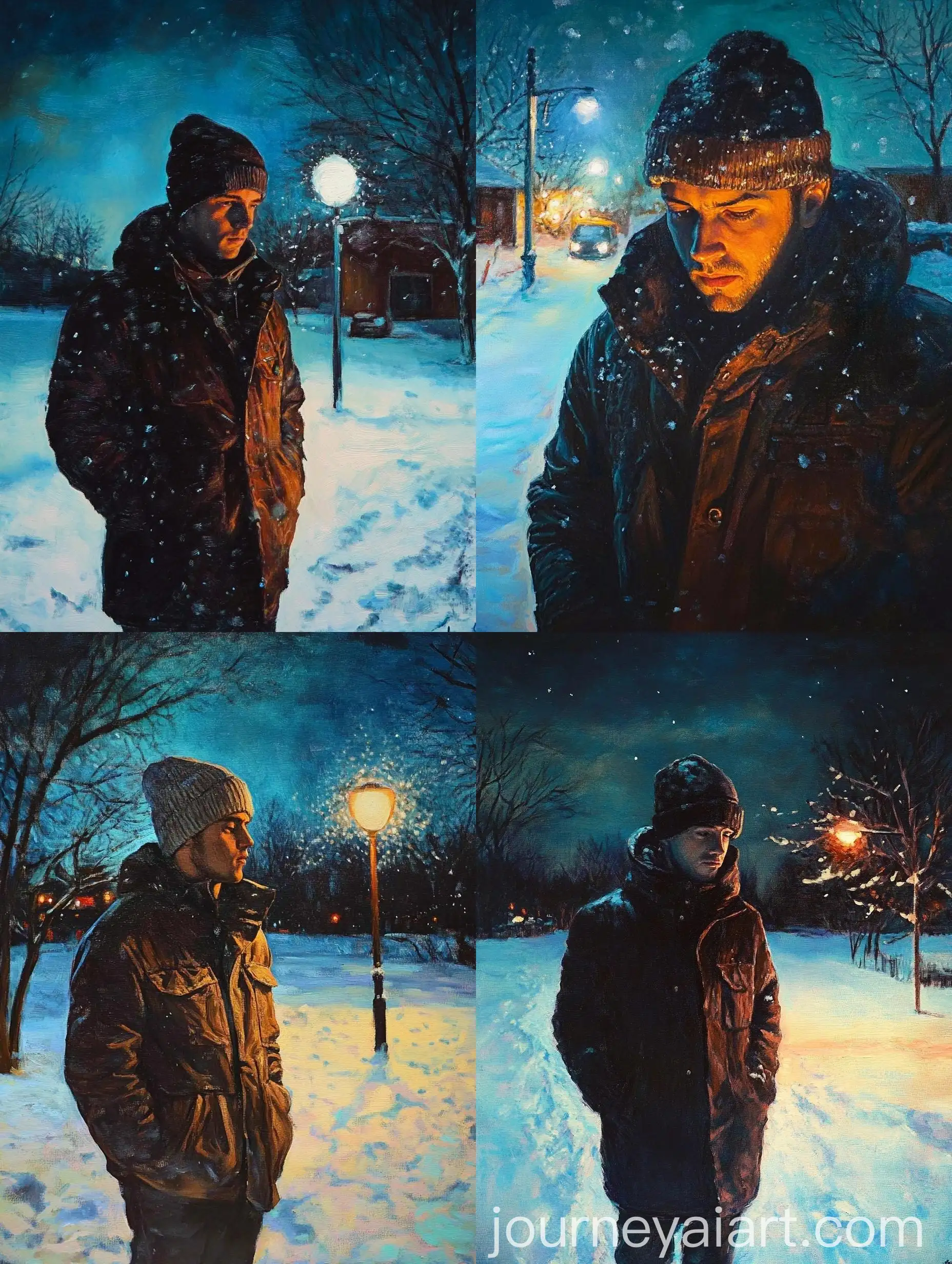 Realistic-Oil-Painting-of-a-Man-in-Nighttime-Snow-Scene