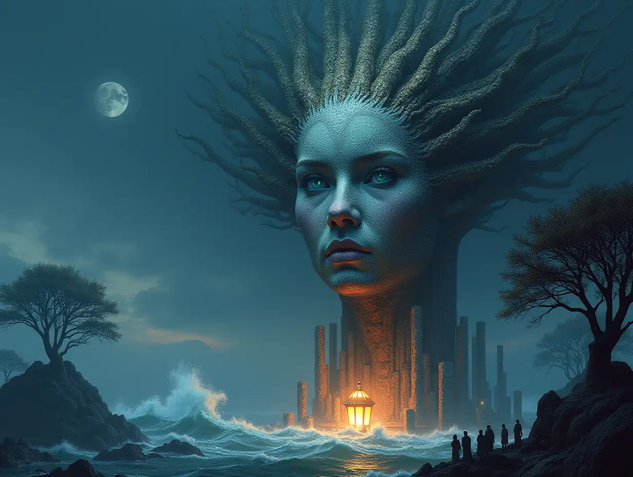 Creating a digital painting of a face on pillars with diamond root hair transforms into buildings with armor made of stone and the sea with incredible size waves  Illuminated trees and lantern and people