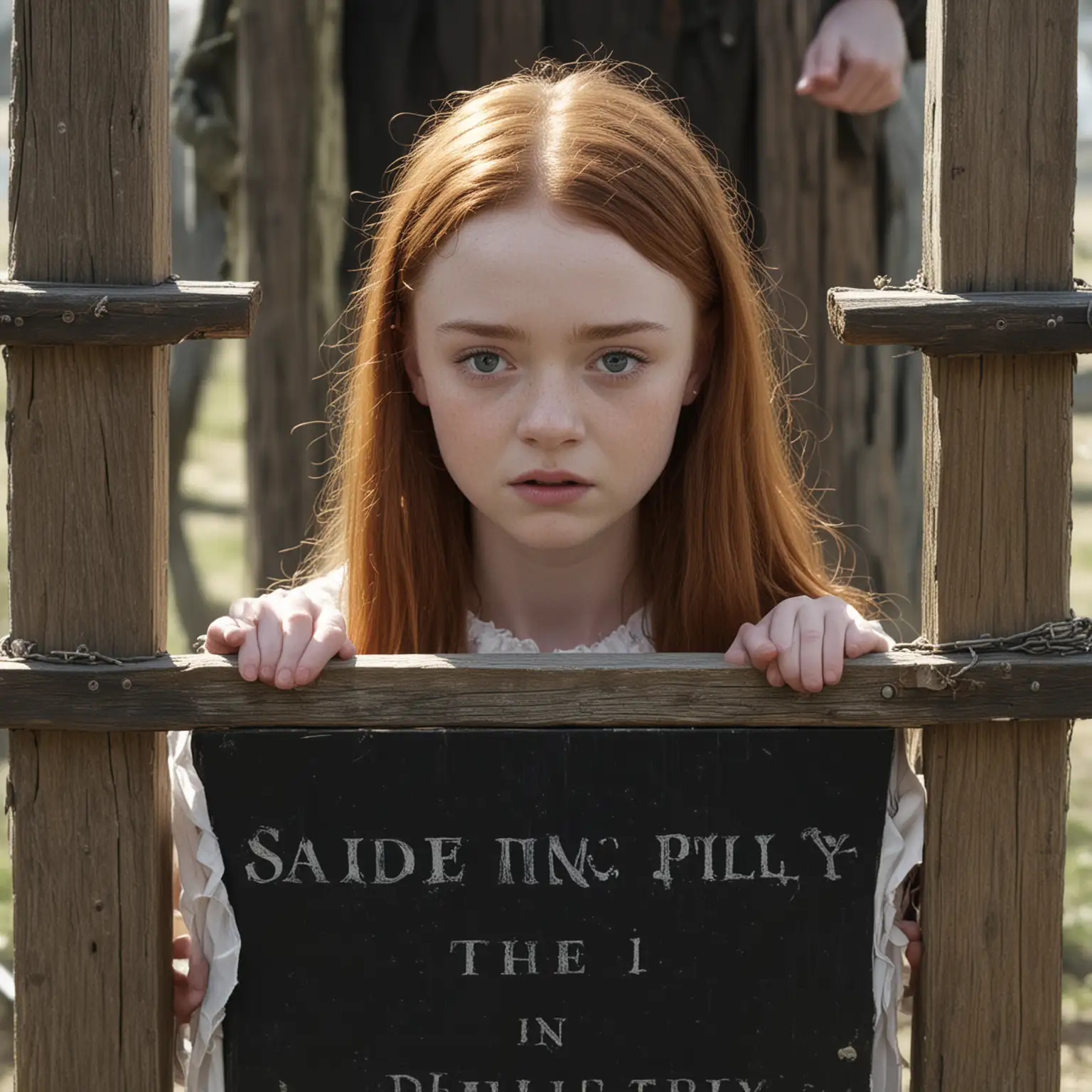 Sadie Sink in a Historical Pillory Setting with Dramatic Lighting