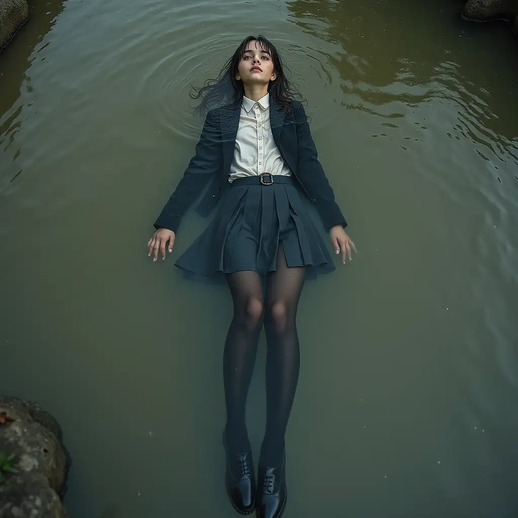 Schoolgirl in a school uniform, in a skirt, jacket, blouse, dark tights, high-heeled shoes. She is swimming in a dirty pond, lying underwater, all her clothes are completely wet, wet clothes stick to her body, the whole body is underwater, submerged in water, under the surface of the water, below the water's edge.