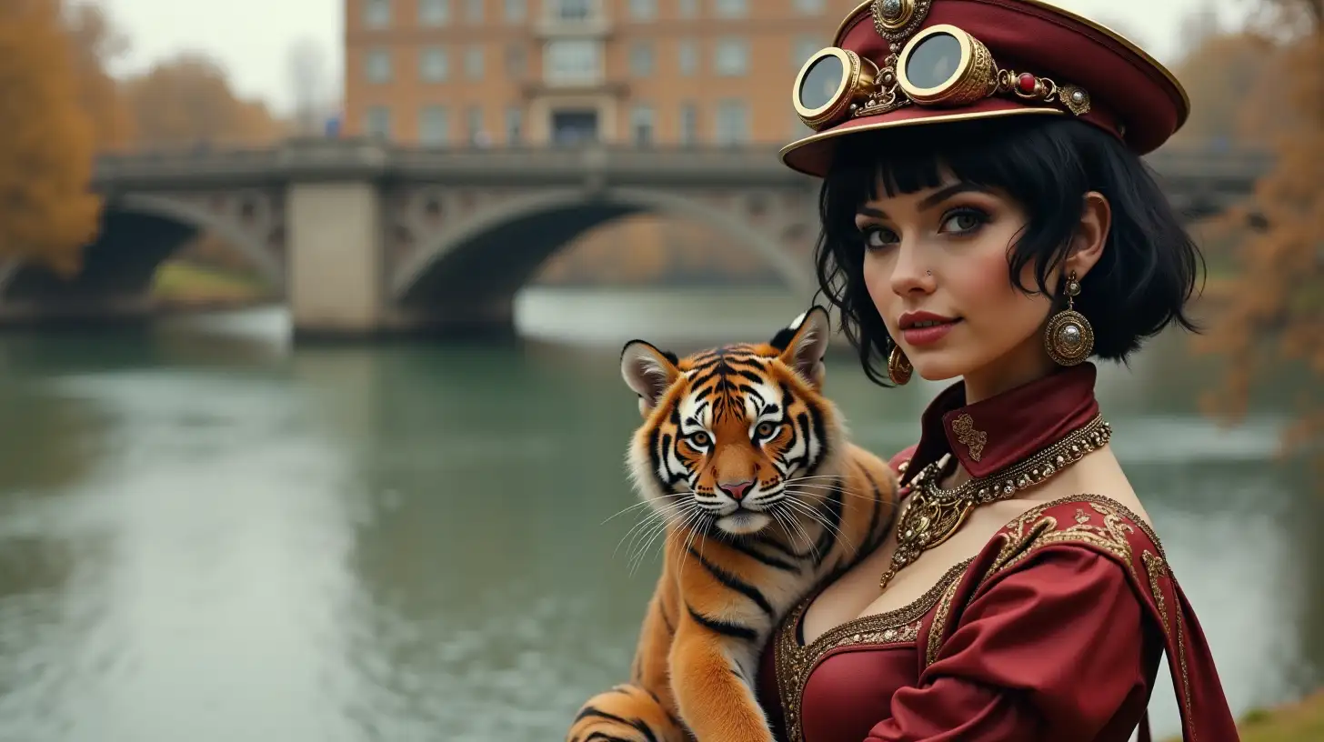 a beautiful steampunk busty thirty-year-old noble woman, with short black hair, big brown eyes, delicate steampunk jewelry, steampunk goggles, in a classical leather red and gold dress, with a steampunk hat walks with her tiger-baby near a river