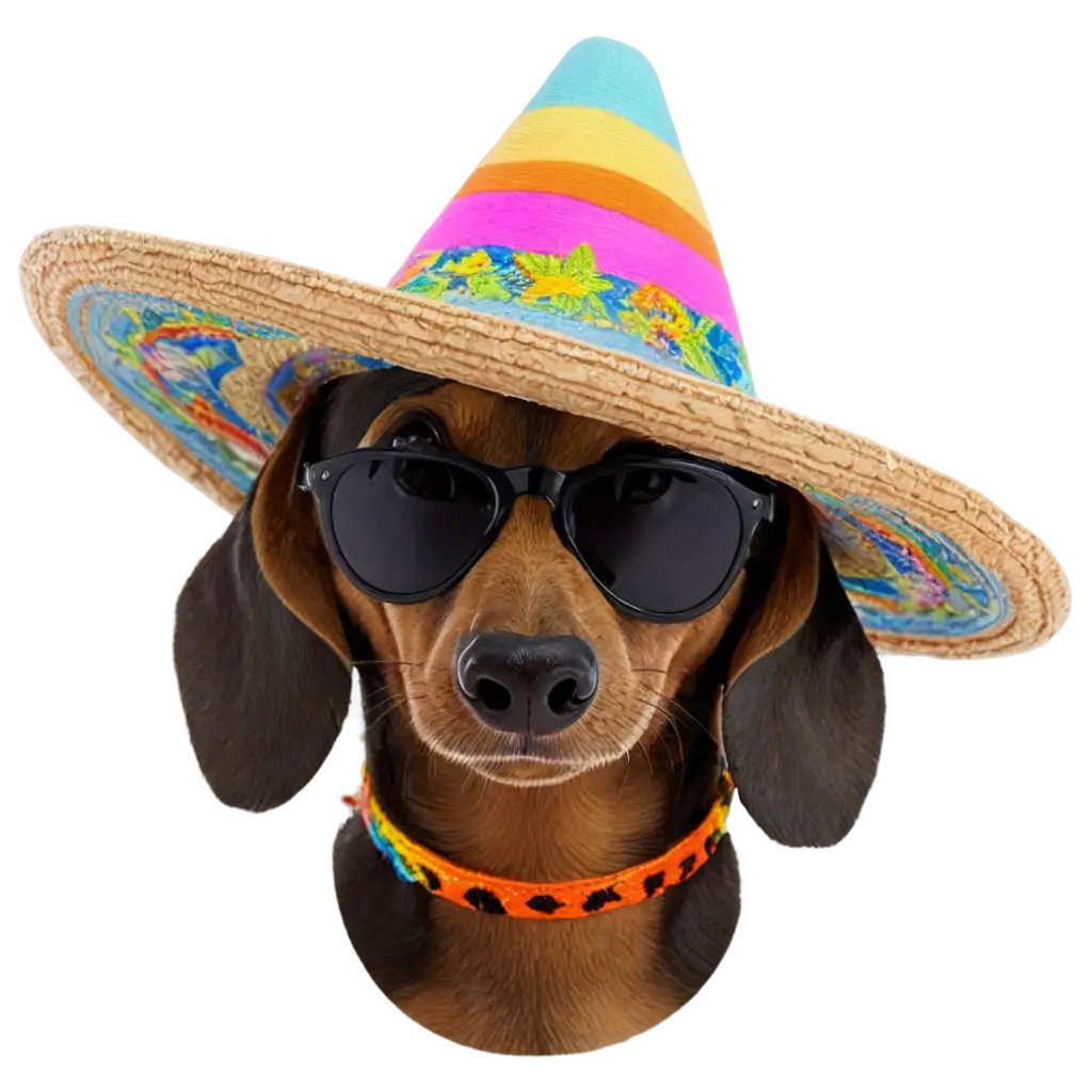 Dark brown dachshund drinking tequila, wearing colorful embroidered sombrero and black shades