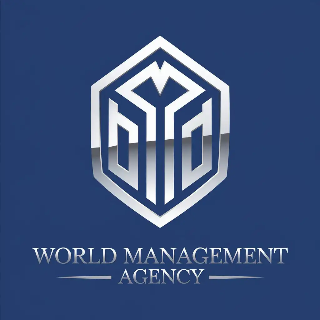 a vector logo design,with the text "world management agency", main symbol:Space, a symmetrical metal-like shield, the tip of the sword pointing down, the blade,complex,be used in Others industry,clear background