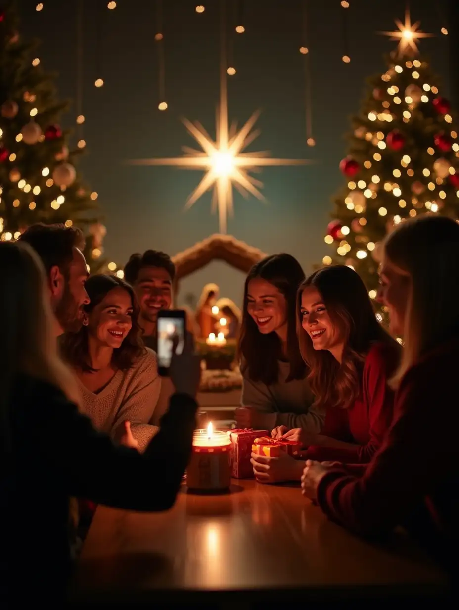 Friends-Celebrating-Christmas-in-Front-of-Nativity-Scene-with-Twinkling-Lights-and-Christmas-Tree