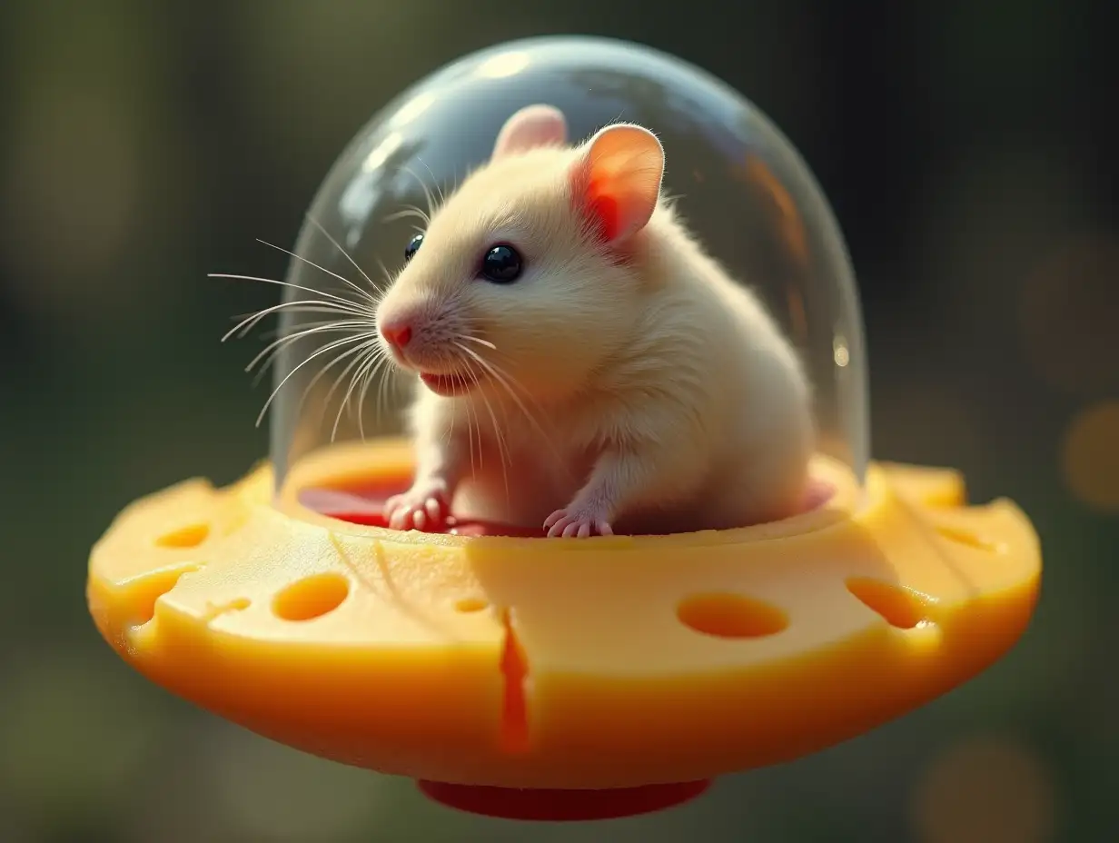 A hamster piloting a UFO made of cheese