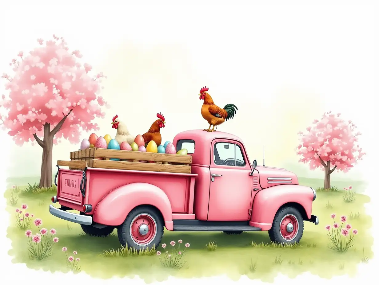 Watercolor art. Vintage pink truck parked in a picturesque rural setting, surrounded by blooming cherry blossom trees. The truck has a rustic wooden crate in the back filled with colorful eggs, while three cheerful hens are perched atop the cab. The scene is bright and cheerful, featuring soft pastel shades of pink, green, and white. The background has a dreamy, impressionistic quality with gentle brush strokes, capturing the essence of springtime in a serene countryside. Wildflowers dot the grassy area around the truck, adding to the charming farm atmosphere, evoking a nostalgic, warm feeling.